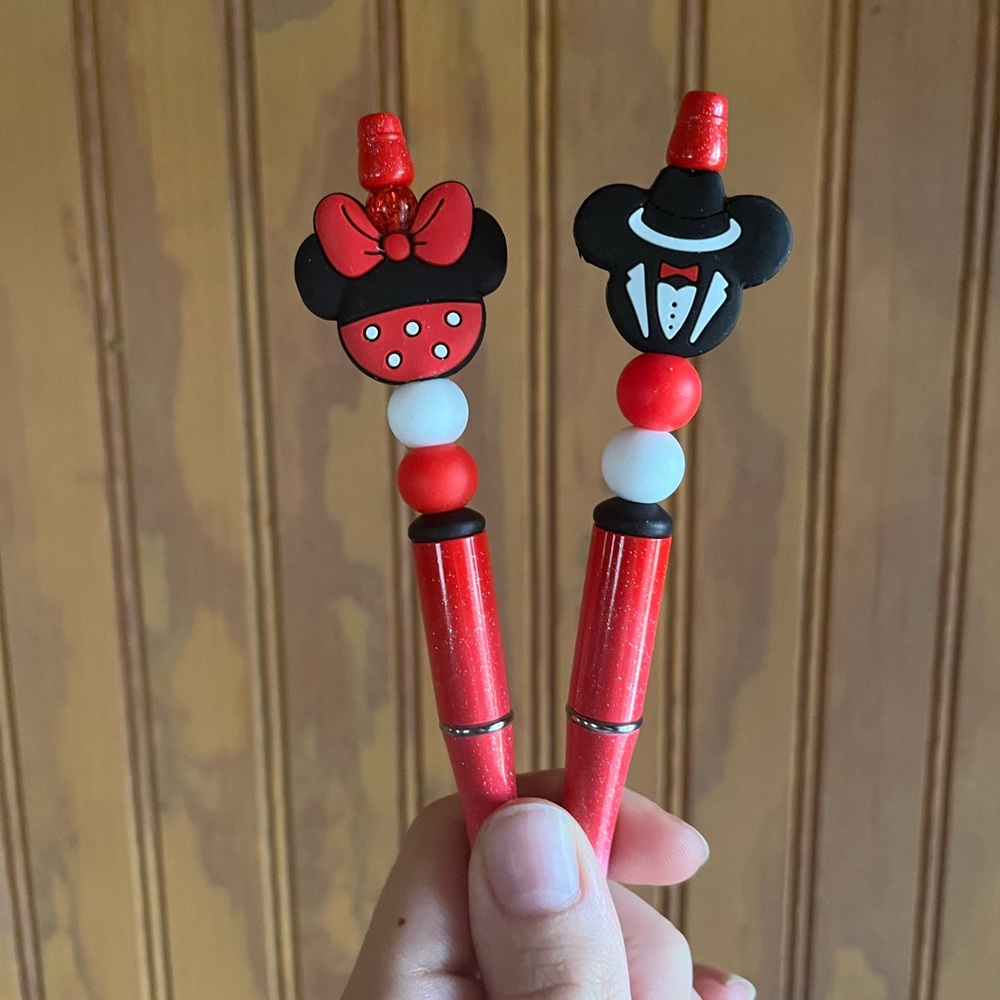 Sparkly Red Disney Mickey and Minnie 2PC BallPoint Beaded Pen Set